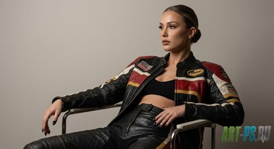 Девушка в кожаном гоночном костюме в студии — промты для ИИ