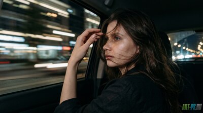 Кинематографичный портрет в машине на ходу: девушка в профиль в ночном городе