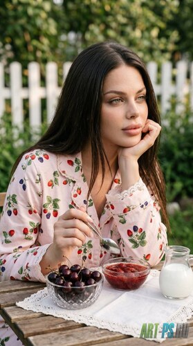 Летний cottagecore-скрипт с земляничным принтом: ИИ-промт для генерации кадра со вкусом вишни